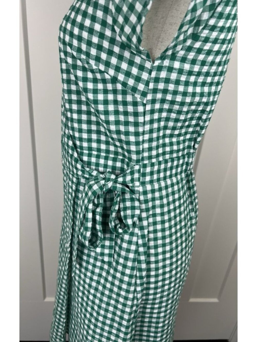 Banana Republic Gingham Wrap Dress Size 4 Green White Cotton Linen Fit Flare - Picture 4 of 11